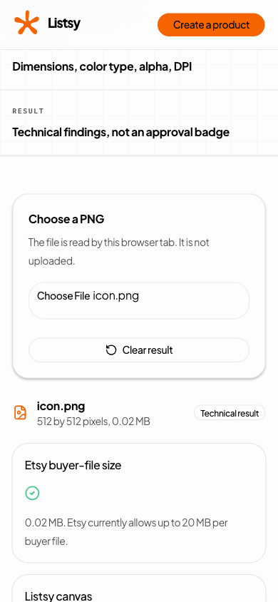 Listsy browser file checker displaying local PNG dimensions and buyer-file size findings