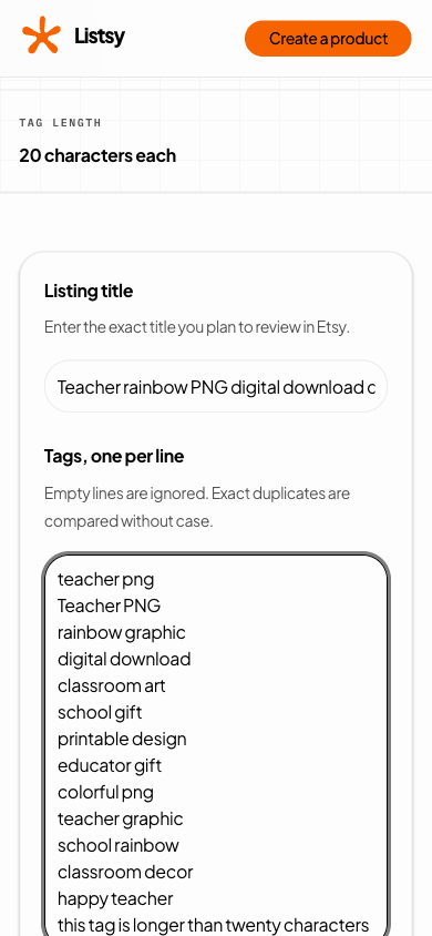 Listsy title and tag validator with a sample Etsy listing title and tag phrases