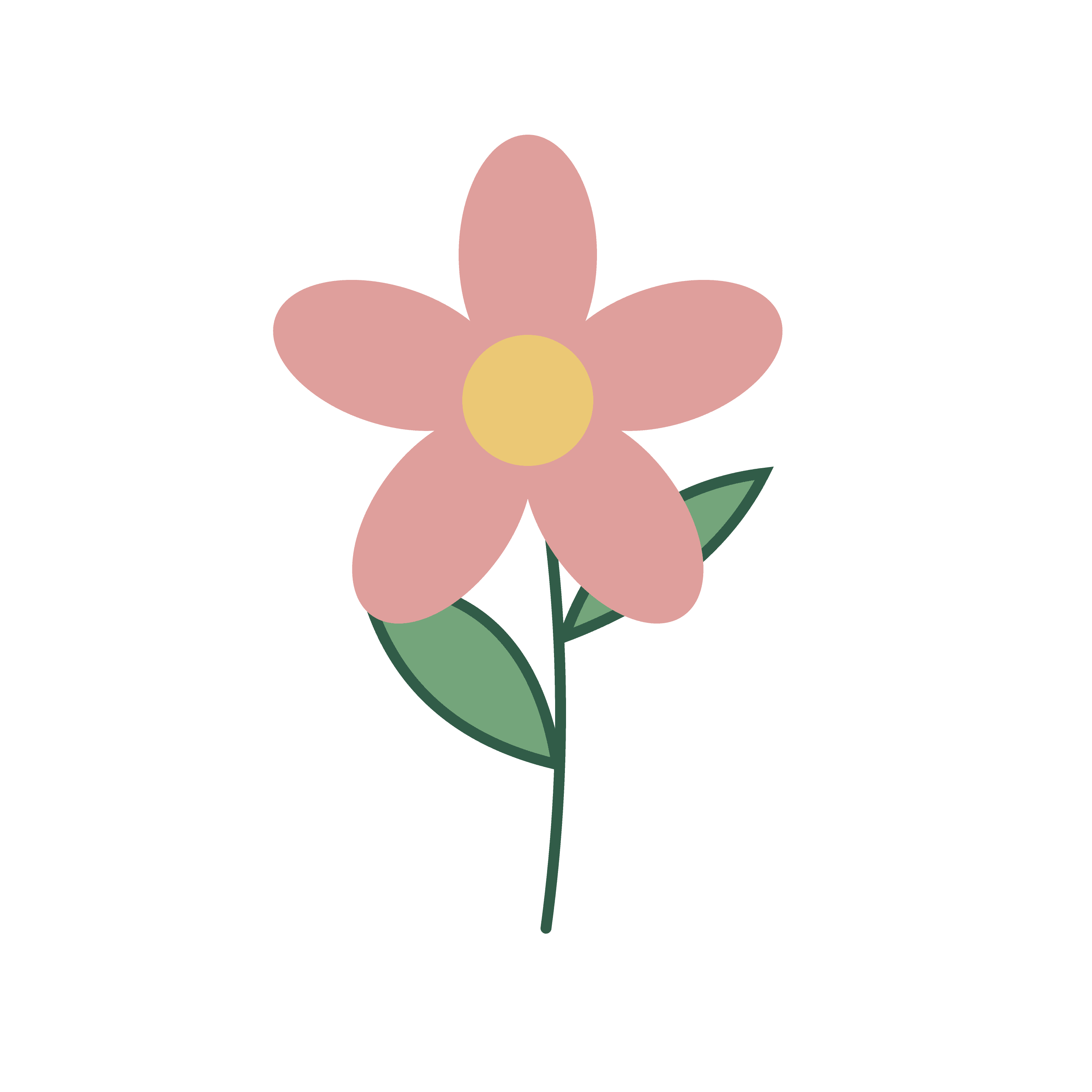 A simple pink flower with green leaves on a transparent canvas